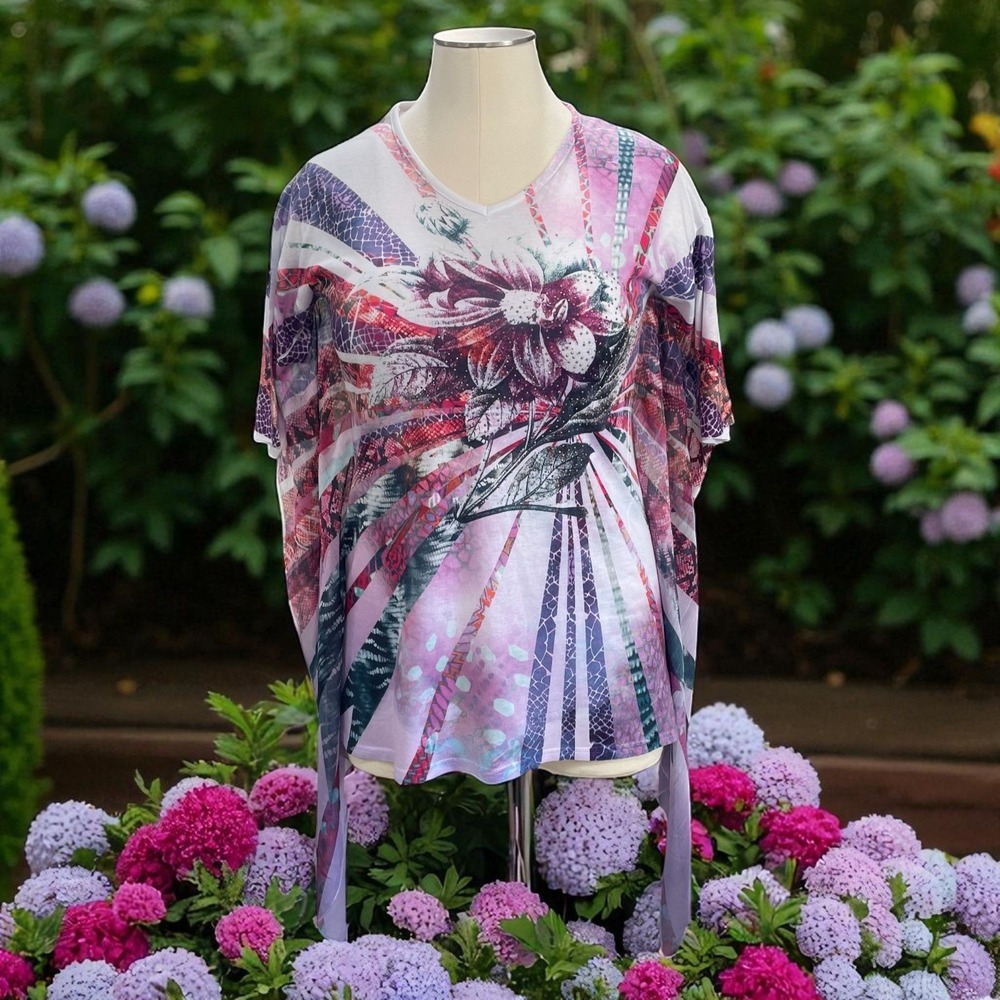 India Boutique Floral Poncho Top Sheer Boho Festival‎ Summer Artsy  SZ L/XL